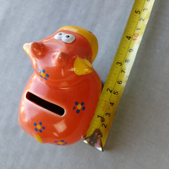Adorable Mini Cow Piggy Bank ceramic orange yellow blue flowers 4"L x 2"W x 3"H - Picture 8 of 12